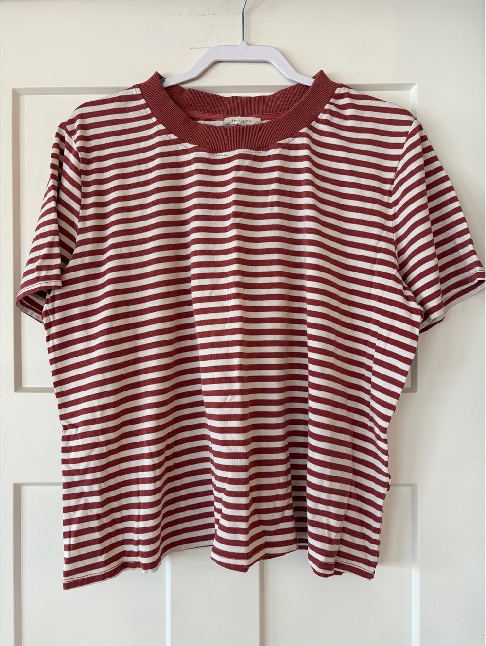 Striped Short-Sleeve Top — Burgundy/White, Size XL